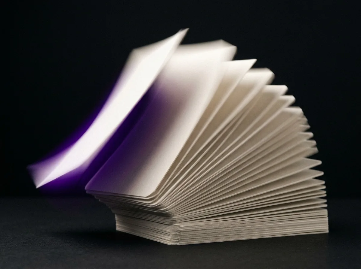Une pile de cartes s’ouvre en éventail sur fond noir, les feuilles soulevées captent une lumière violette.