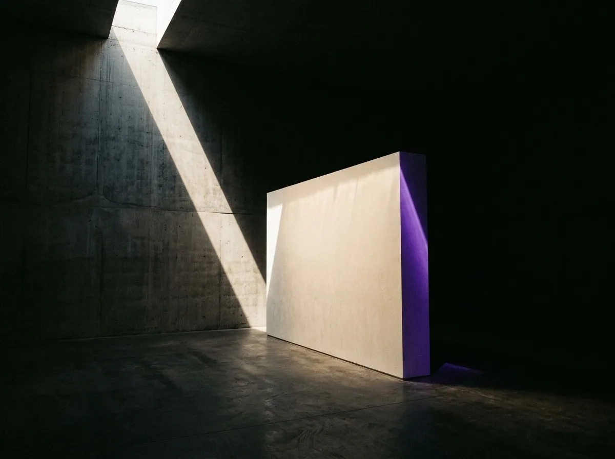 Un mur éclairé, seul dans une halle en béton sombre, une arête baignée de lumière violette.