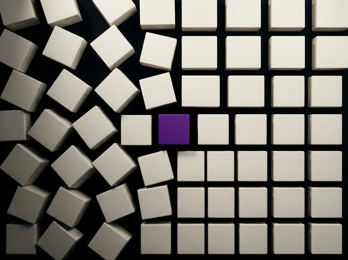 Des blocs blancs épars à gauche s’ordonnent en grille à droite, un bloc violet.